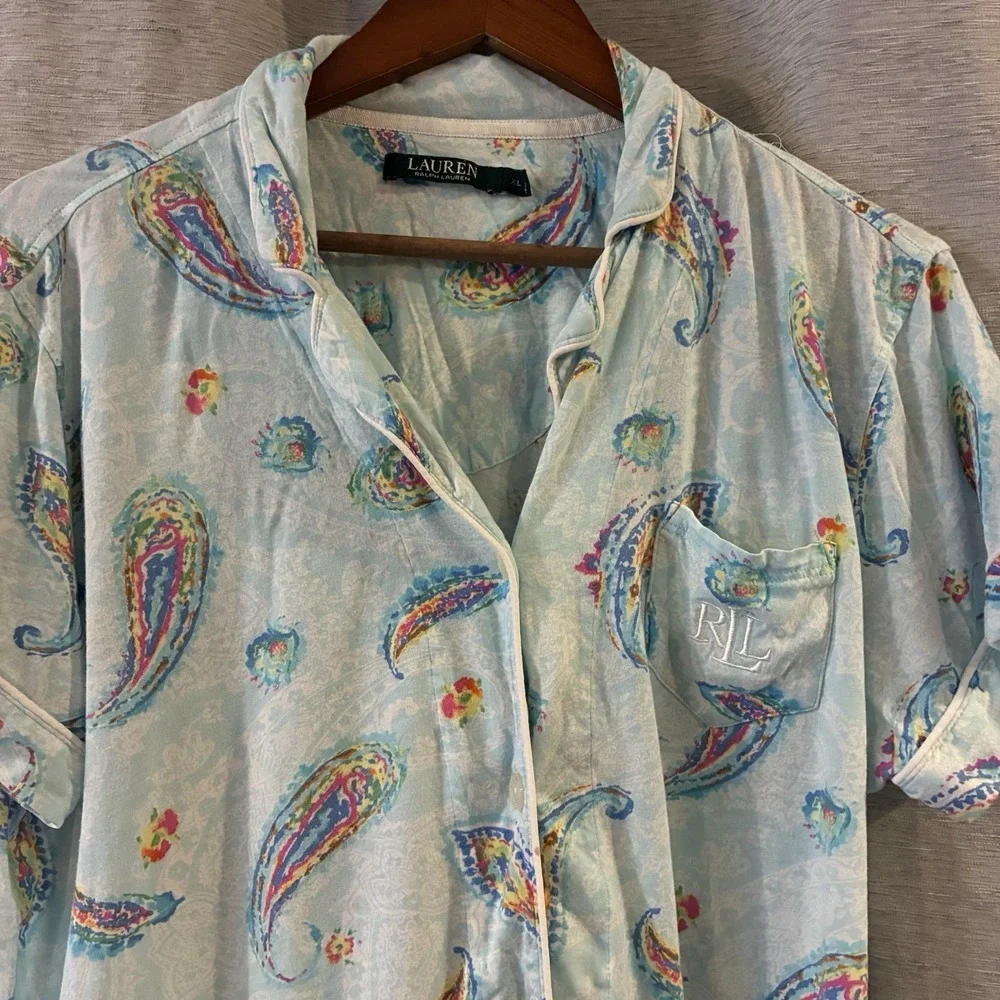 Ralph Lauren Paisley 2 Piece Short Pajama Set Drawstring Button Up Size XL